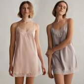 oysho家睡裙夏无袖 缎面V领露背冰丝蕾丝边性感吊带睡衣居家服女夏
