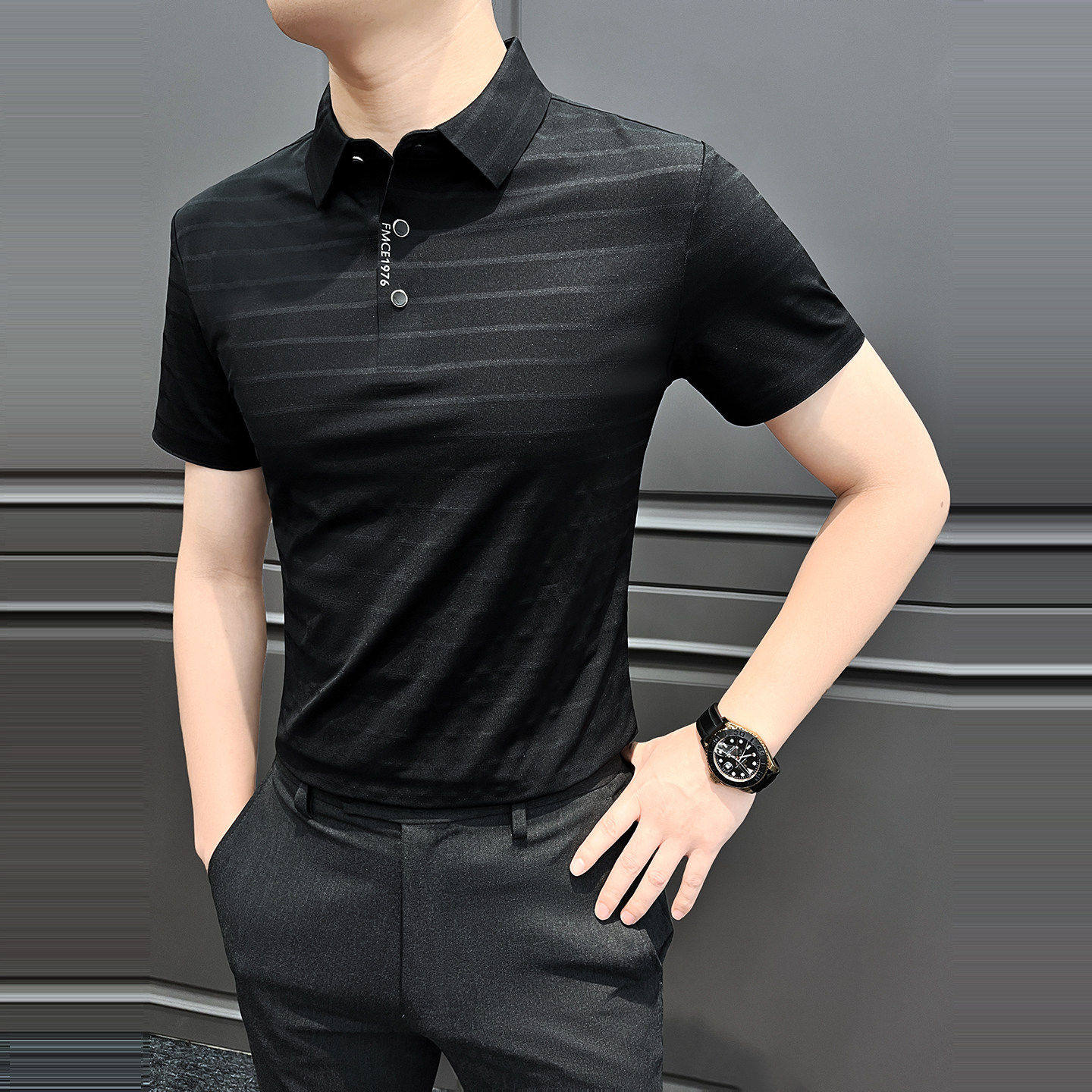 2026新款男士修身t恤条纹男式polo衫高级感冰丝夏季薄款短袖上衣