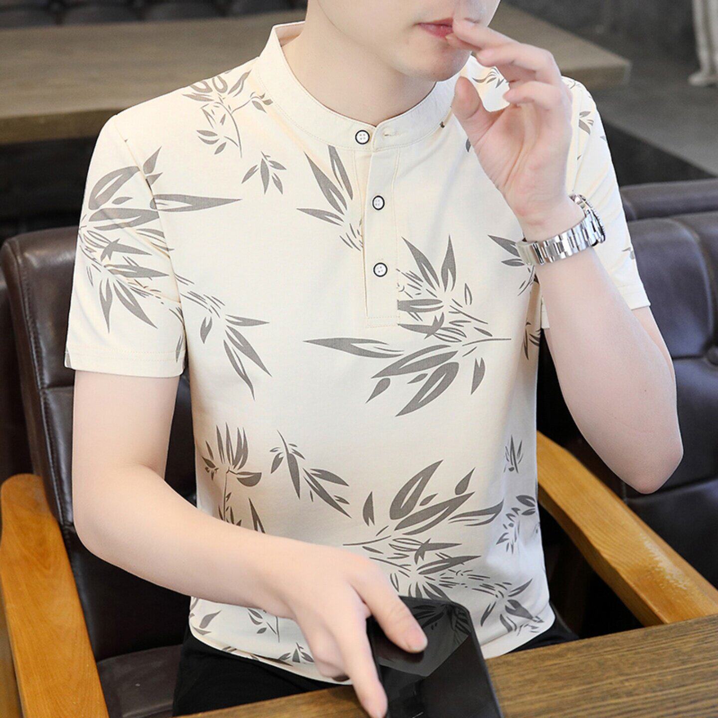 夏季薄款潮流高端品牌纯棉polo衫男修身冰丝印花立领男士短袖t恤