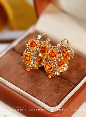 《金秋玫瑰》法式复古黄色玫瑰花朵锆石耳扣轻奢高级感精致耳饰女