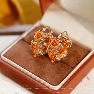 《金秋玫瑰》法式复古黄色玫瑰花朵锆石耳扣轻奢高级感精致耳饰女