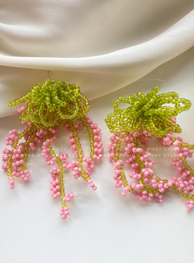 《椿满园》法式春夏新款手工串珠花朵高级感流苏度假风耳环耳夹女