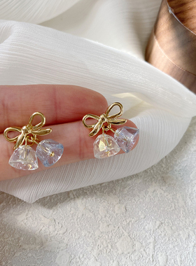 《蓝色风铃》高级感复古小众百搭蝴蝶结水晶铃铛气质耳环女925银