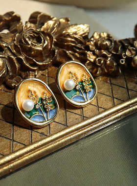 《落日印象》复古法式中古轻奢高级感油画珍珠耳环小众设计耳夹女