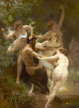 欧州古典名画布格罗森林之神与仙女背胶粘喷绘油画布人体艺朮画芯