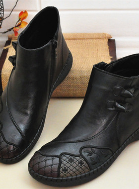 老北京布鞋女靴子中老年人妈妈二棉薄绒鞋冬季牛筋底复古短靴国风