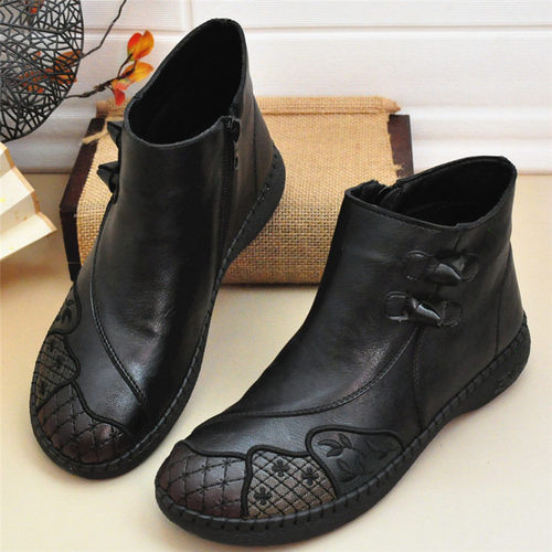 老北京复古时尚短靴薄绒妈妈鞋