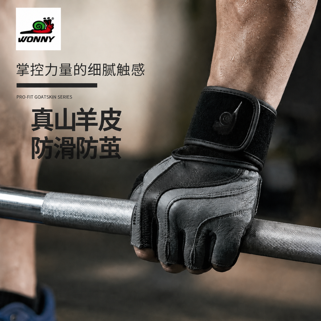 wonny蜗牛健身手套男女半指器械训练防滑耐磨运动防滑羊皮带护腕