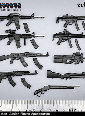 ZYTOYS第一弹原黑色1/12 MP5 M4 AK47 P90 M1887 散弹6寸兵人手办