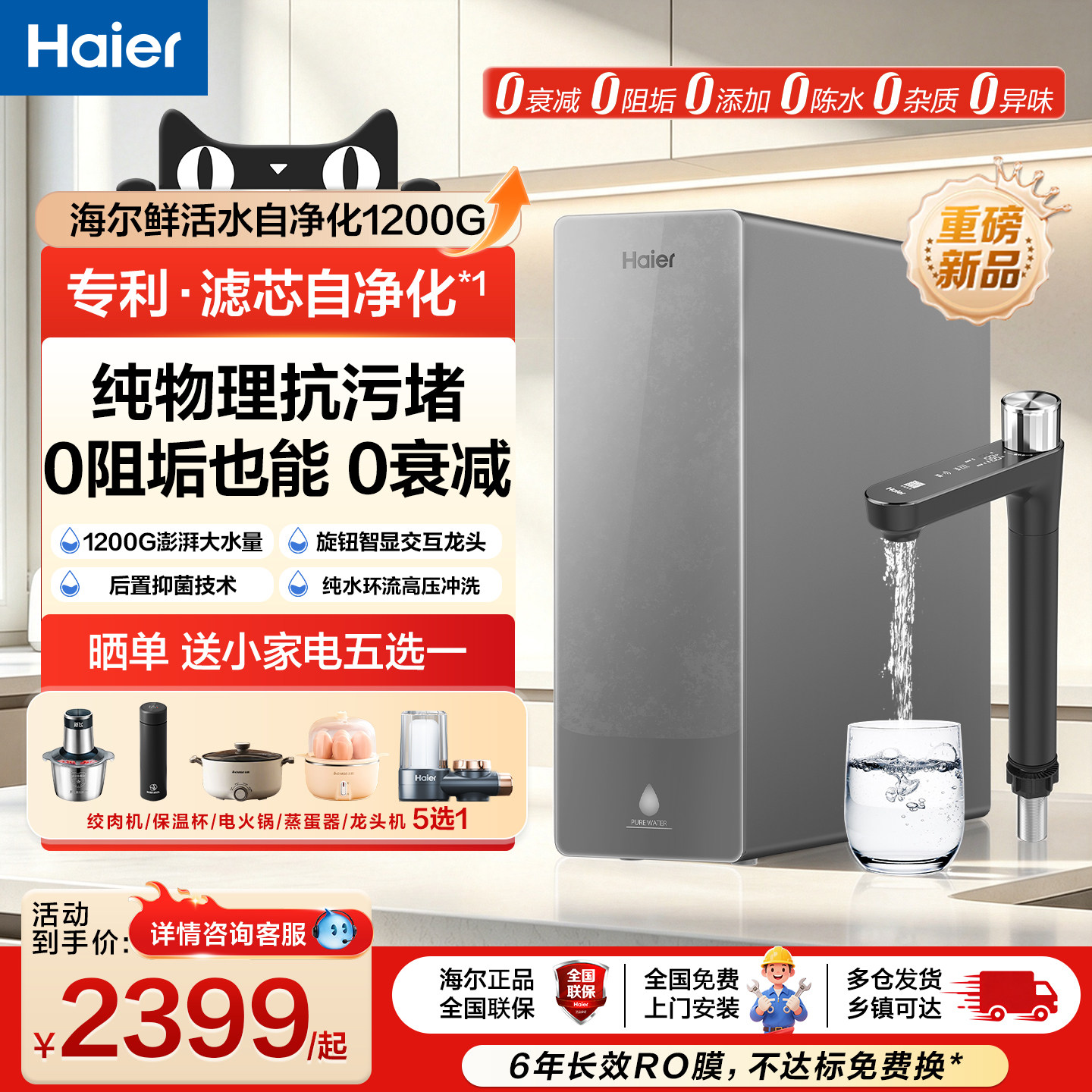 海尔净水器鲜活水自净化厨下家用直饮长效反渗透1200G过滤器机P3