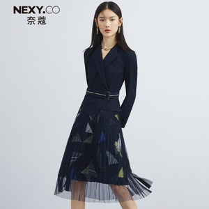 NEXY.CO-奈蔻轻奢法式名媛西装连衣裙女春季新款中长款百褶裙