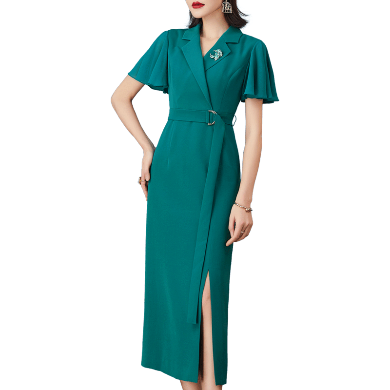 纳绎绿色连衣裙2025年夏季新款气质洋气时尚简约荷叶袖开叉直筒裙