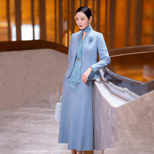 冬季新款气质蓝色时尚毛呢套装女
