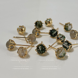 小众天然石绿幽灵闪光石耳钉女通勤小众气质高级百搭耳饰耳环