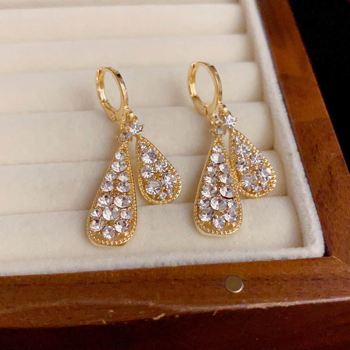 韩式设计双层满锆水滴耳扣轻奢气质高级感精致百搭名媛风耳环