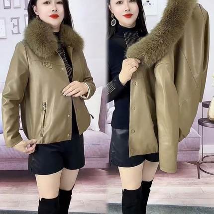 2023冬季新款加绒加厚皮衣外套女带毛领韩版时尚气质高档皮夹克女