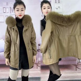 连帽带毛领皮衣外套女中长款 宽松潮 休闲秋冬显瘦加绒加厚洋气大码