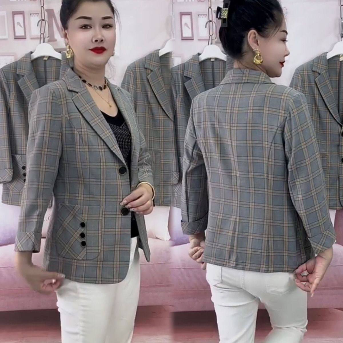 2025春夏格子小西装外套女修身短款小个子休闲薄款九分袖百搭气质