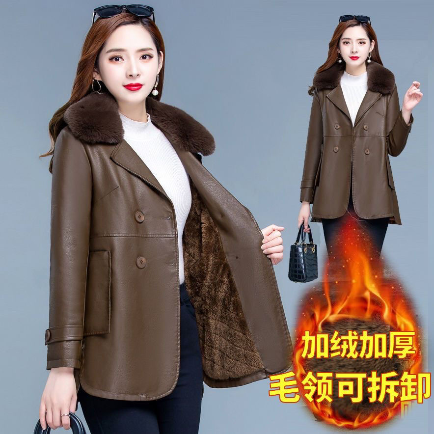 加绒加厚皮衣女士2025秋冬季新款西装领时尚显瘦中长款pu皮外套潮