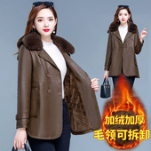 新款 西装 领时尚 加绒加厚皮衣女士2025秋冬季 显瘦中长款 pu皮外套潮