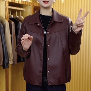 年轻妈妈装翻领短款水洗皮衣外套春秋新款洋气中老年宽松夹克上衣