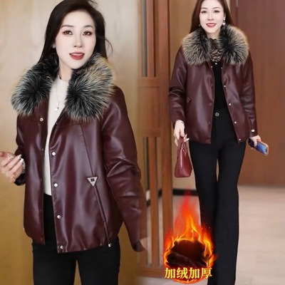 高档皮衣女秋冬加绒加厚短款夹克
