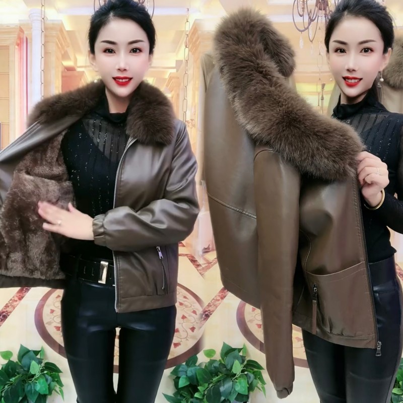 可拆卸大毛领加绒加厚皮衣外套女2024新款秋冬美式复古夹棉pu夹克