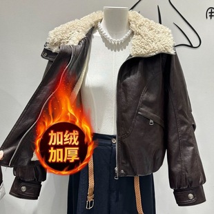 加绒皮衣外套女短款 羊羔毛大翻领皮夹克派克服潮 上衣2025秋冬新款