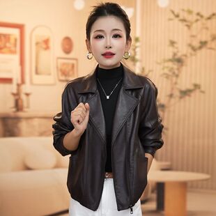 海宁皮衣女短款免洗软皮子修身皮夹克2026秋季西装领小个子外套女