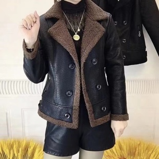 加绒加厚皮衣女2025秋冬新款韩版PU皮毛一体短款仿羊羔毛皮衣外套