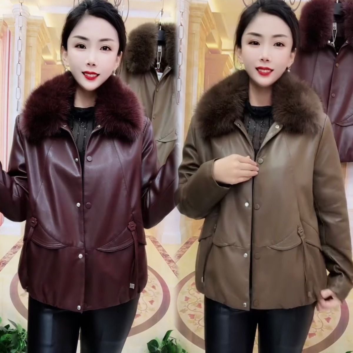 中年妈妈秋冬外套加绒加厚皮毛一体袄中老年女装皮衣时尚保暖夹克