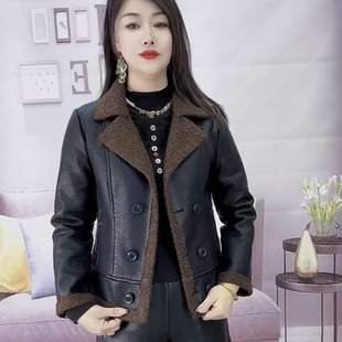 女士短款加绒加厚外套2025秋冬新款韩版百搭仿羊羔毛拼接皮衣夹克