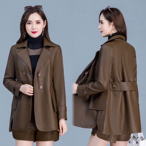 中长款皮衣女西装领韩版皮风衣潮