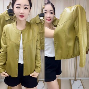 短款 2025新款 圆领PU皮衣外套中年妈妈秋装 时尚 上衣洋气皮夹克 秋季