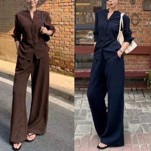 极简老钱风套装优雅时髦衬衫长袖显瘦高腰系带气质休闲裤两件装