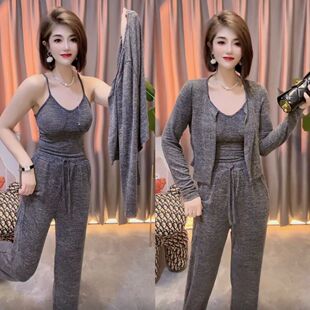 时尚休闲灰色背心开衫阔腿裤套装女慵懒风百搭显瘦运动长袖三件套