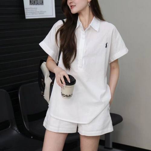 女装夏款2025年薄款棉麻刺绣显瘦套装宽松时尚百搭翻领半袖上衣