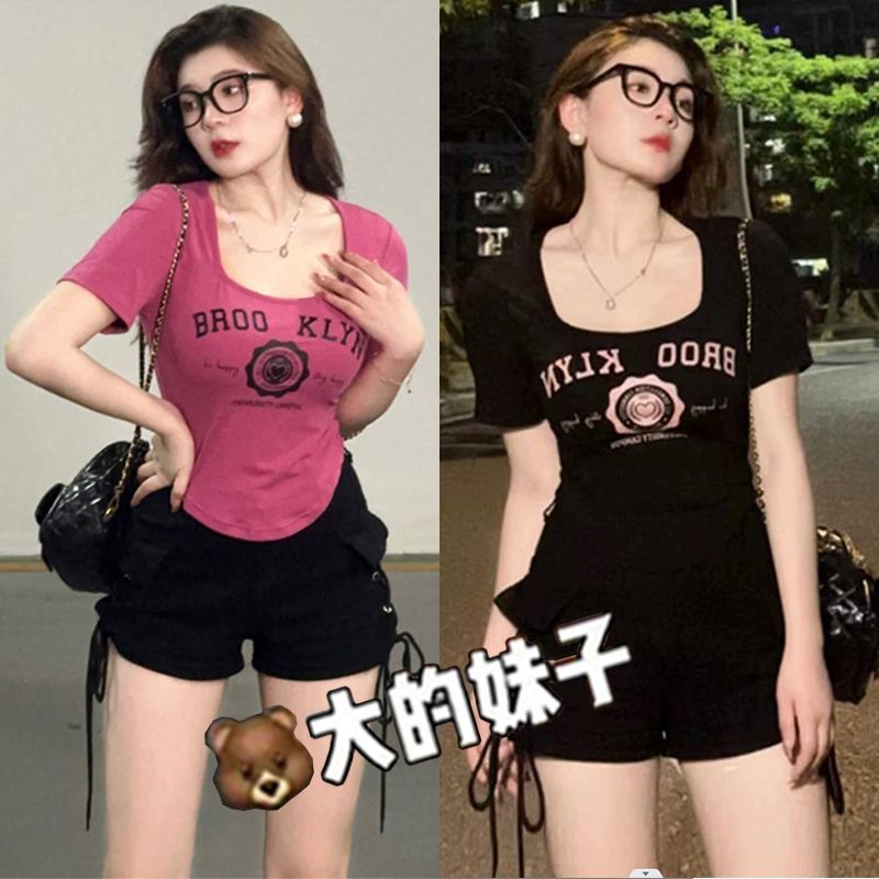 大码美式复古纯欲辣妹T恤女夏季微胖mm显瘦不规则多巴胺穿搭上衣