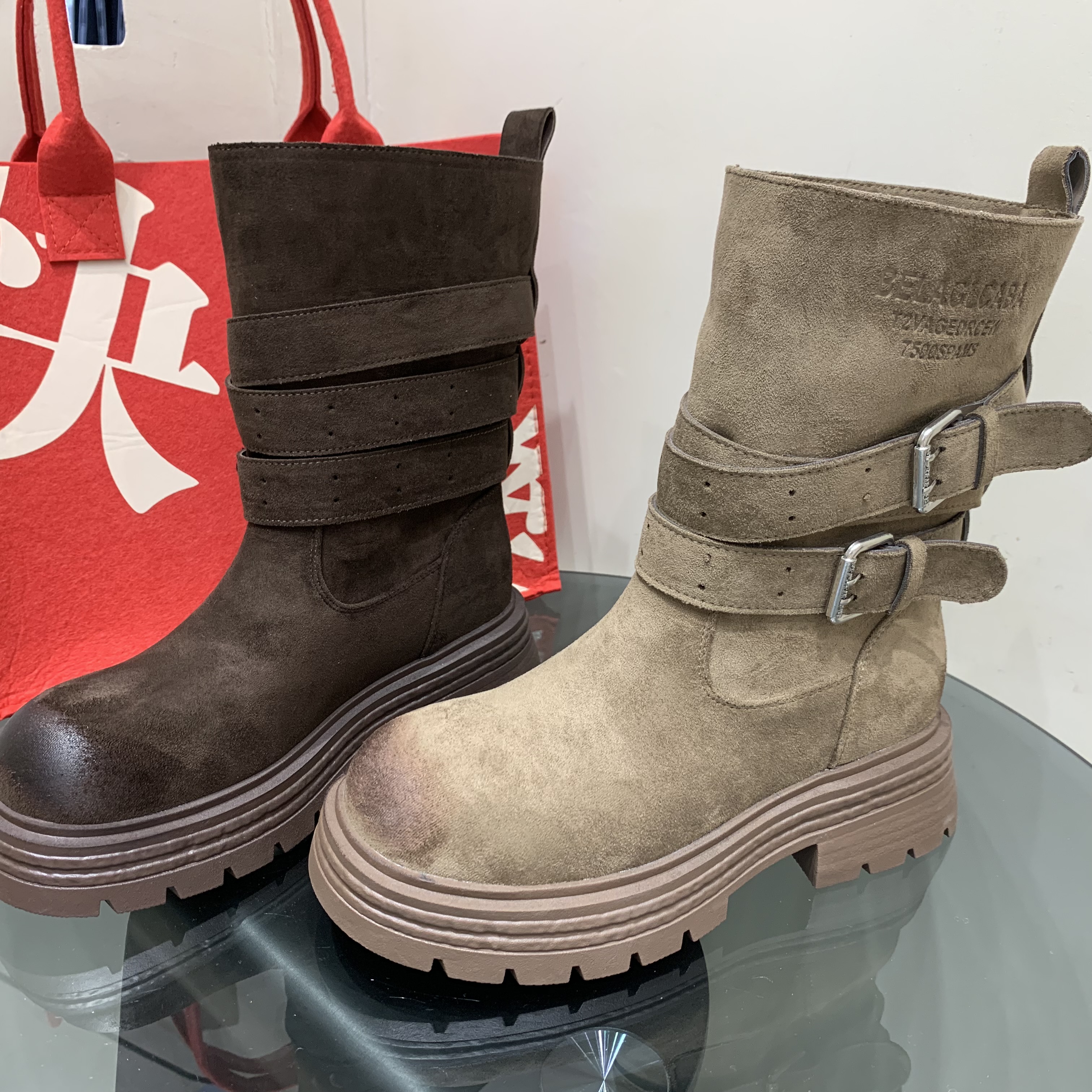 真皮厚底西部牛仔靴女2025冬季爆款皮带扣粗跟加绒保暖中筒女棉靴