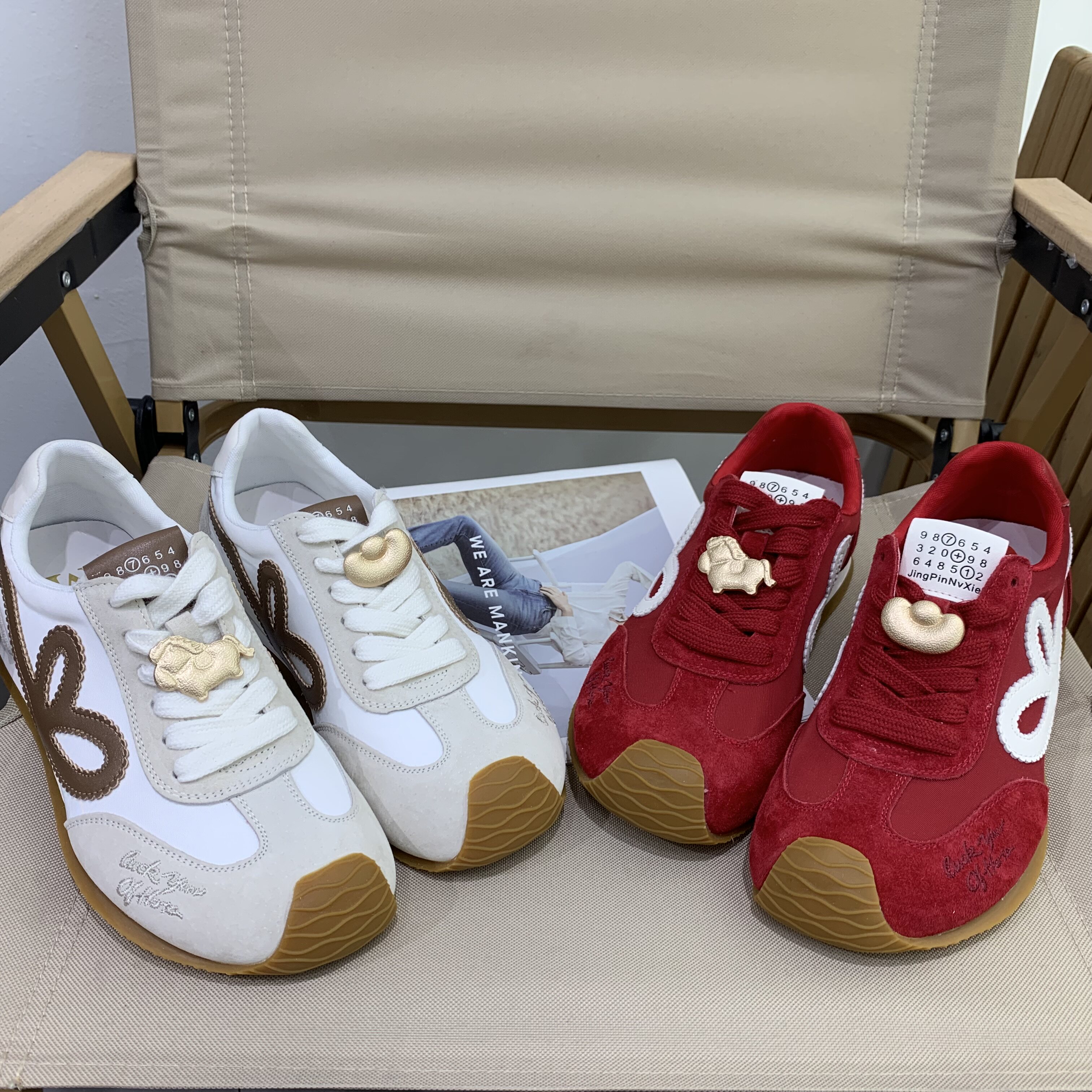 真皮内增高德训鞋女2026春季新款新年红色发财鞋圆头刺绣鸳鸯鞋潮