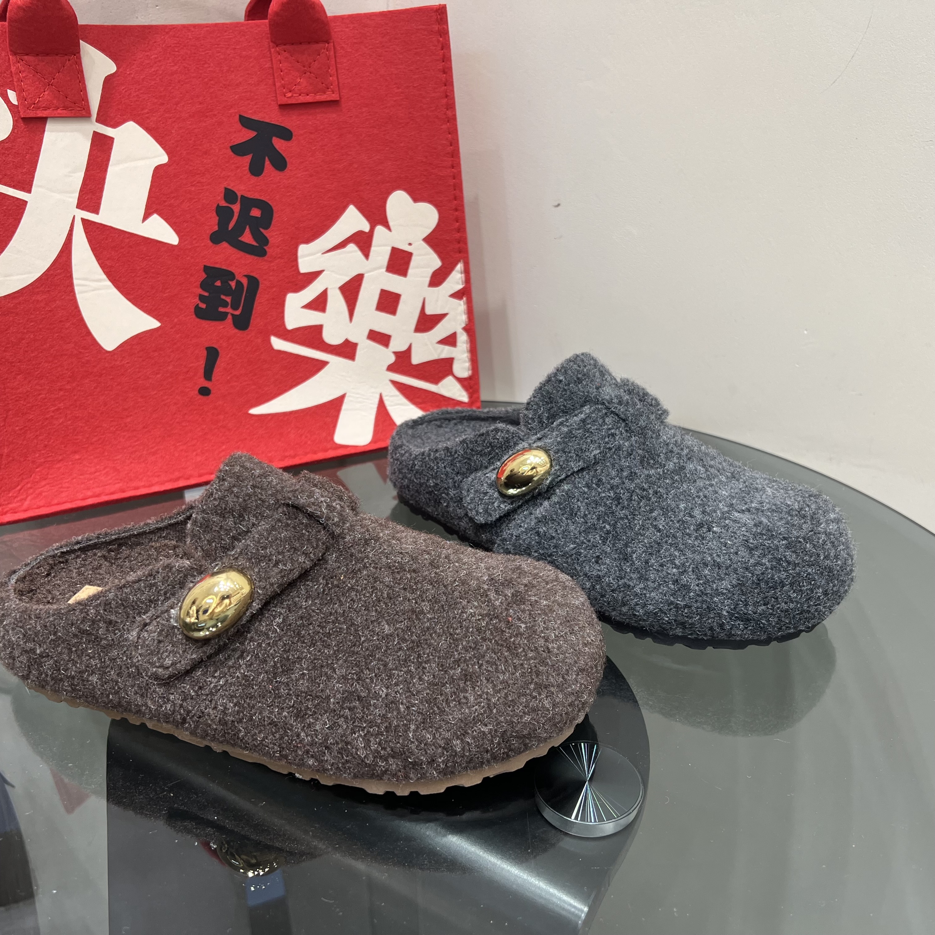 厚底毛呢复古加绒勃肯鞋女2025冬季新款包头半拖鞋外穿毛毛鞋棉拖