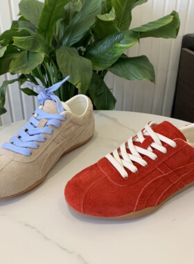 真皮复古红色德训鞋女2026春季新款运动休闲鞋内增高系带阿甘鞋