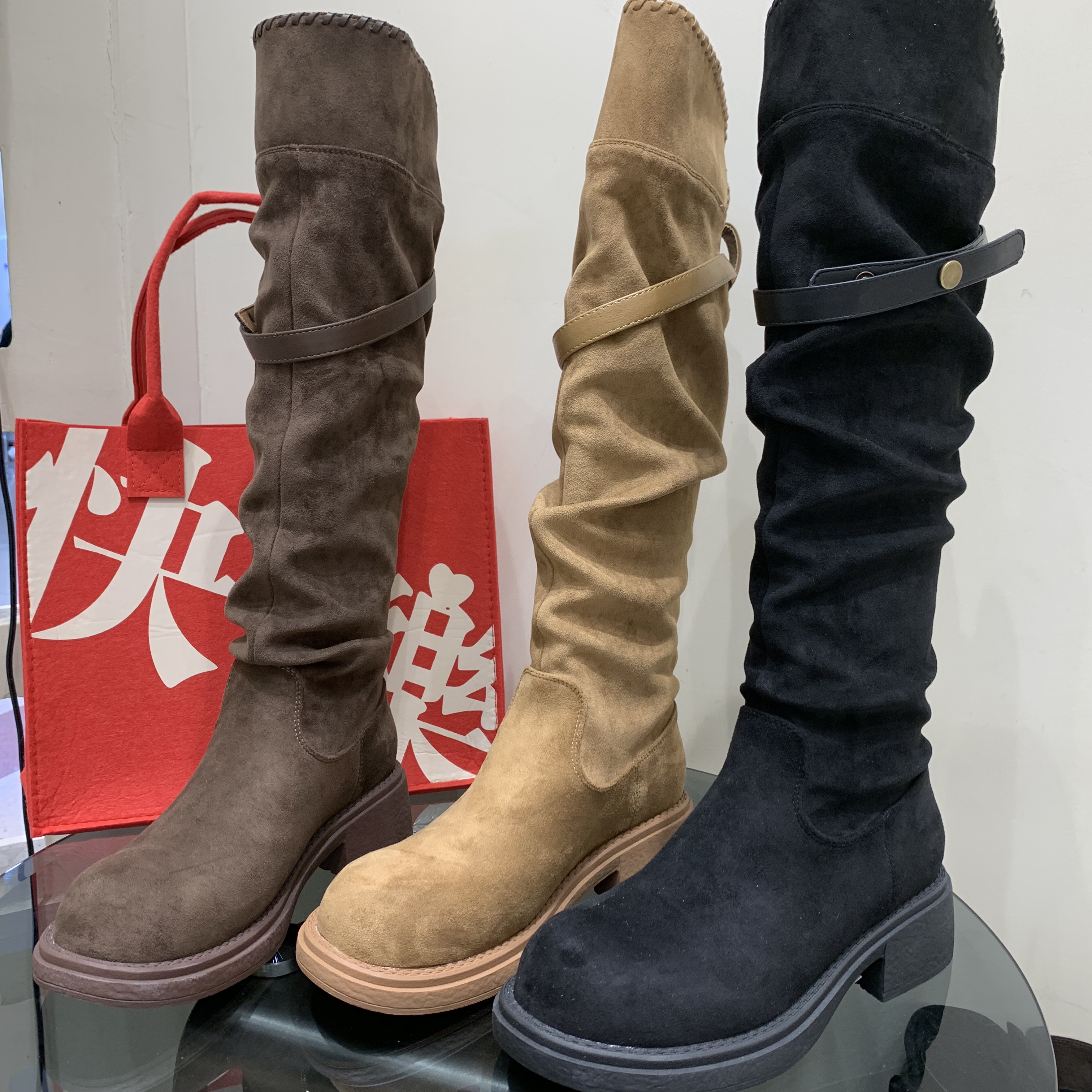 欧美复古堆堆靴女2025秋季爆款粗跟褶皱皮带扣高筒骑士靴瘦瘦靴潮