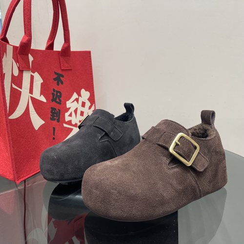 真皮加绒保暖勃肯鞋女2025冬季新款圆头美拉德复古一脚蹬懒人鞋