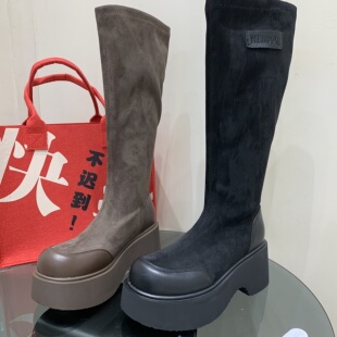 美拉德高跟弹力靴女2025秋季 厚底显瘦增高瘦瘦靴圆头女长靴 新款