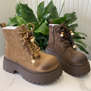 真皮厚度增高马丁靴女2025秋季爆款网红炸街休闲短筒靴串珠机车靴