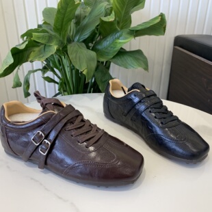 复古风德训鞋女2026春季新款方头平底系带双排扣休闲软底运动鞋潮