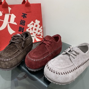 厚底增高系带显脚小乐福鞋 新款 女2025冬季 磨砂真皮加绒保暖勃肯鞋