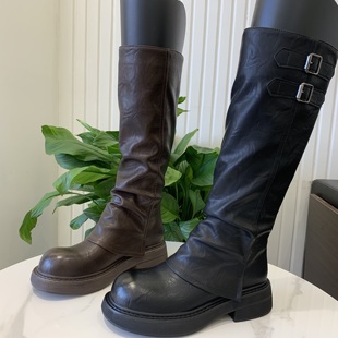 美拉德厚底不过膝长筒靴女2025秋季爆款时尚骑士靴粗跟显瘦堆堆靴