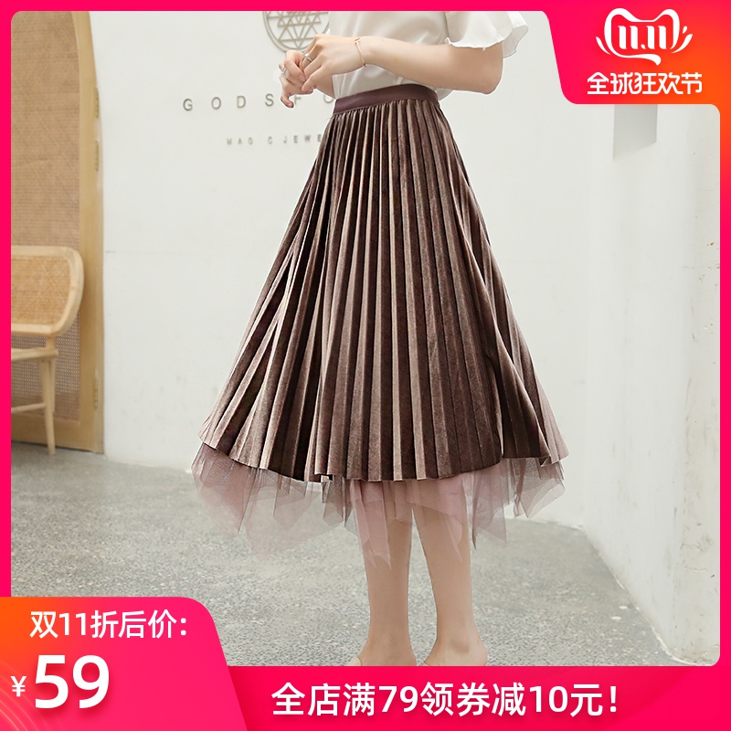 金丝绒半身裙女秋冬季2019新款纱裙a字高腰两穿中长款网纱百褶裙|msdalam kategori Butik wanita / wanita, skirt - dari Buy2taobao.com untuk memberikan perkhidmatan ejen Taobao profesional membeli